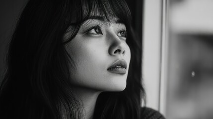 A Close-up Black and White Portrait of a Woman Looking Up