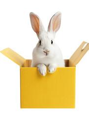 a white rabbit sitting in a yellow cardboard box cut out
