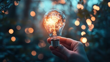 A Hand Holding a Lit Light Bulb with a Blurred Bokeh Background