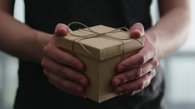Slow motion young man shows brown craft paper gift box