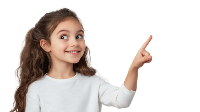 a beautiful girl point to something in the left side