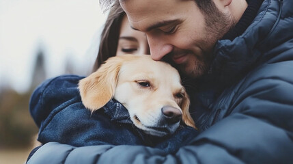 A man and a woman are hugging a dog. The man is wearing a black jacket and the woman is wearing a blue jacket. The dog is looking at the camera with a smile on its face