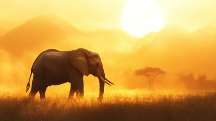Naklejka premium Elephant Silhouetted Against Golden Sunset in African Savanna