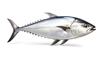 Fototapeta premium Fresh whole tuna fish with glossy silver skin isolated on white background