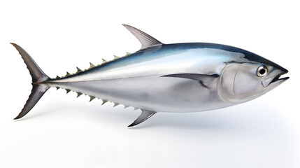 Fototapeta premium Fresh whole tuna fish with glossy silver skin isolated on white background