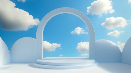 White archway with a podium and blue sky background.