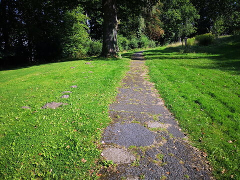 Idyllischer Fu&szlig;weg durch den Park mit gr&uuml;nem Gras bei Sonnenschein an der Alten M&uuml;llerburg in Oerlinghausen bei Bielefeld am Hermannsweg im Teutoburger Wald in Ostwestfalen-Lippe