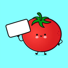Cute funny Tomato with poster. Vector hand drawn cartoon kawaii character illustration icon. Isolated on blue background. Tomato think concept