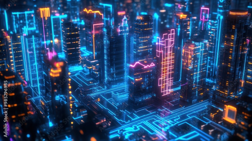 Wall mural neon cityscape: a digital metropolis