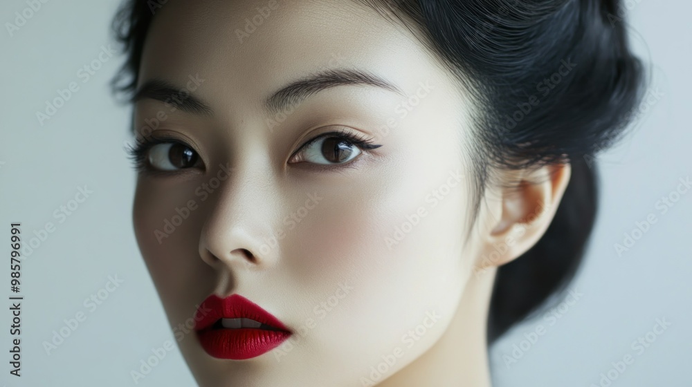 Canvas Prints Close-up of a Woman's Face with Red Lipstick and Dark Eyes