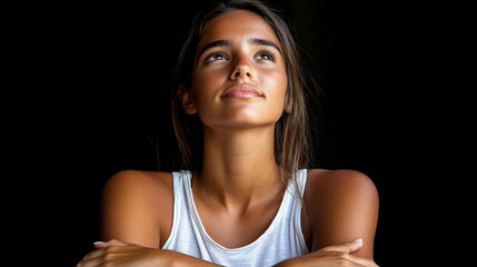 Fototapeta premium A woman with a smile on her face is looking up at something. She is wearing a white tank top and has her arms crossed