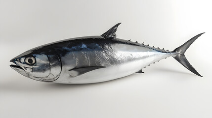 Fresh whole tuna fish with glossy silver skin isolated on white background