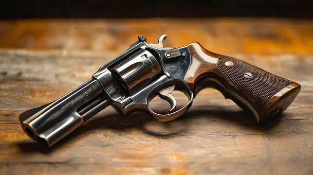 A revolver on a wooden table with a black background