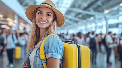 A woman wearing a straw hat and a yellow suitcase is smiling. She is surrounded by a crowd of people