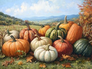 Diverse pumpkins at harvest time