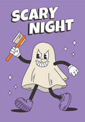 Halloween poster. Cute creepy, scary ghost with hatchet. Retro groovy style postcard, flyer, banner.