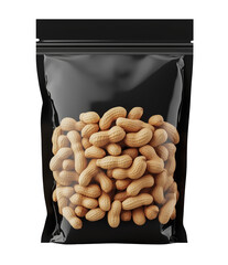 Plastic package filled with whole peanuts in shells, isolated background, ideal for food packaging design and snack product presentations