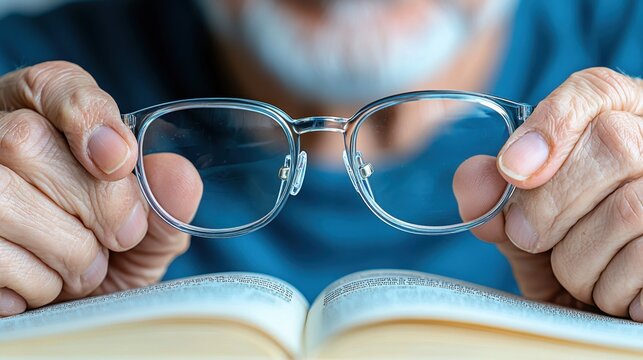 Senior Person Adjusting Multifocal Lenses in Restaurant - Elderly Individual Reading Menu with Copy Space for Text