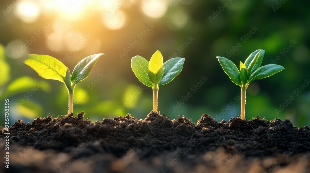 Sticker Three Young Green Seedlings Emerging From Soil in Sunlight