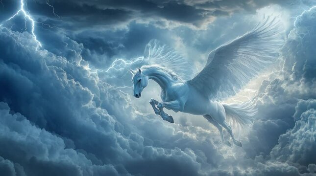 landscape of a pegasus flying between clouds. Virtual 4K video animation background with looping time lapse with very smooth graphics.