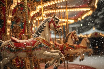 Carousel horses with festive lights and snowfall in winter, horizontal banner, copy space. Soft focus. holiday celebration, Christmas amusement, winter magic, childhood nostalgia
