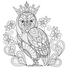 Owl and crown hand drawn for adult coloring book