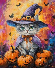 Fototapeta premium Adorable feline in witch attire surrounded by pumpkins on vibrant backdrop