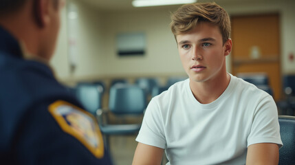 young man dressed with white t-shirt and jeans talks to police officer in a waiting room of the hospital