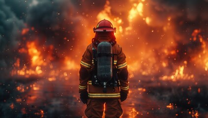 Fototapeta premium Courageous Firefighter Facing Intense Blaze