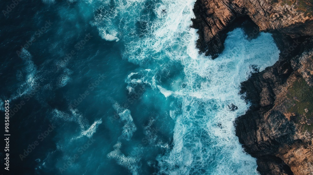 Poster Aerial View of Ocean Waves Crashing Against Rugged Cliffs