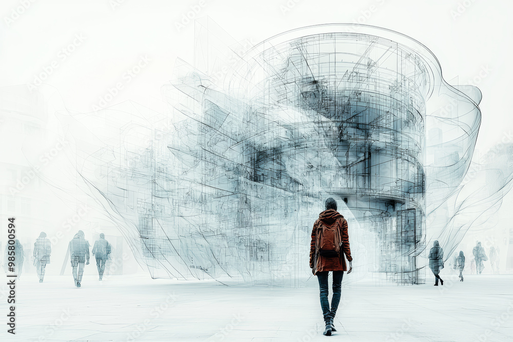 Poster an architect's form intertwined with blueprints, representing the vision and creation of new spaces 