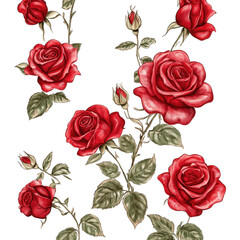 Scarlet Roses With Seamless Ruby Flower Pattern for Memorial Day Illustrations. Isolated on a Transparent Background. Cutout PNG.