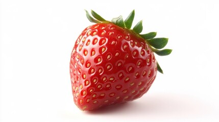 A Single Ripe Strawberry with Green Leaves on a White Background