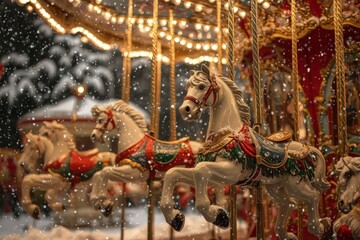 Fototapeta premium Carousel horses with festive lights and snowfall in winter, horizontal banner, copy space. Soft focus. holiday celebration, Christmas amusement, winter magic, childhood nostalgia