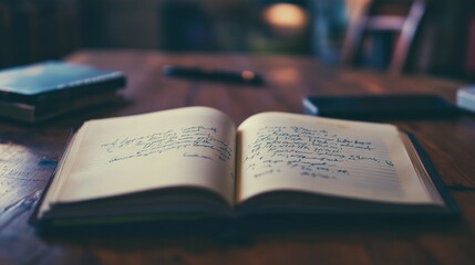 Obraz premium Open Notebook with Handwritten Notes on Wooden Table