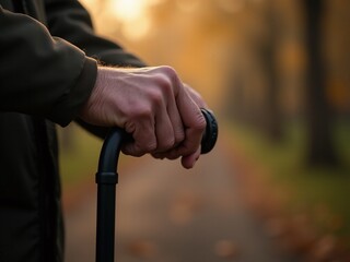 A macro shot focusing on the aged hands holding a worn wooden cane, with gentle lighting creating soft shadows, evoking a sense of time and resilience