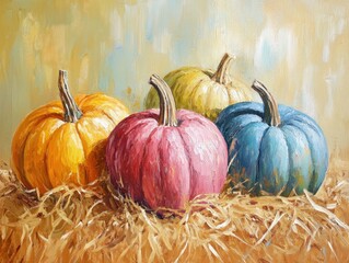 Autumn themed multicolored pumpkins on hay