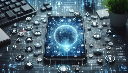 Fototapeta premium smartphone with creative connected digital business interface with various icons and binary code on blurry background. Software development, app, global business and ai concept. 3D Rendering