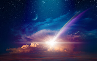 Amazing unreal collage: giant colorful comet or shooting star in starry sky with glowing clouds....