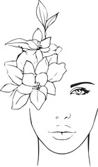 Woman Face with Flowers Line Art Vector Drawing. Linear Drawing of Floral Woman Head. Woman Portrait Black Sketch Illustration on White Background