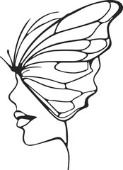 Woman Face with Butterfly Line Art Drawing. Butterfly Abstract Line Art Illustration. Minimalist Trendy Contemporary Design for Wall Art, Prints, Social Media, Posters, Invitations, Branding Design.