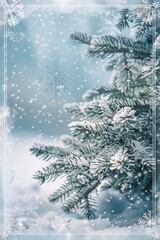 Snowy Pine Branch with a Frosty Window Frame