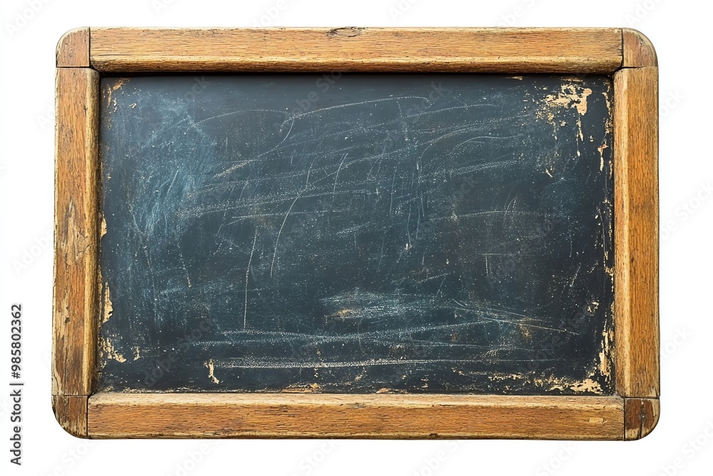 Wall mural a vintage chalkboard with a wooden frame has a black surface with white chalk marks and scratches.