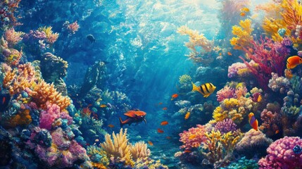 Naklejka premium Underwater Scene with Colorful Coral Reefs and Fish