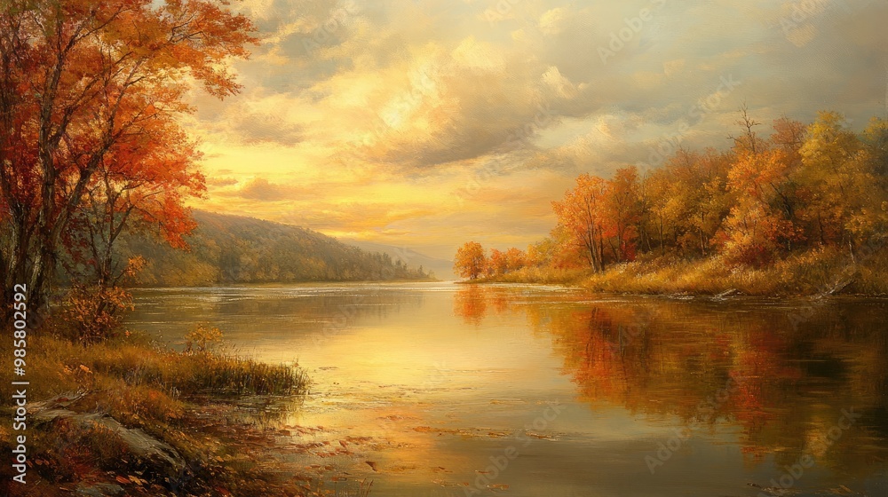 Poster River landscape with autumn colors