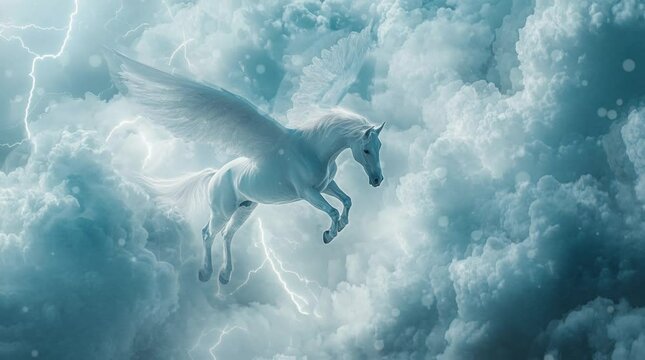 A white Pegasus flying horse flying in the sky. Virtual 4K video animation background with looping time lapse with very smooth graphics.