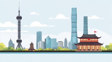 Illustration of Shanghai city landmarks