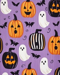 Fototapeta premium Halloween pumpkins with ghosts and stripes on a lilac background