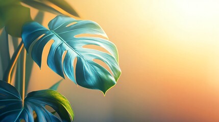 Green tropical leaves with a warm orange background.