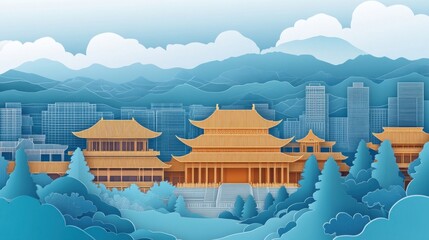 Paper art style urban architecture with ancient palace silhouettes